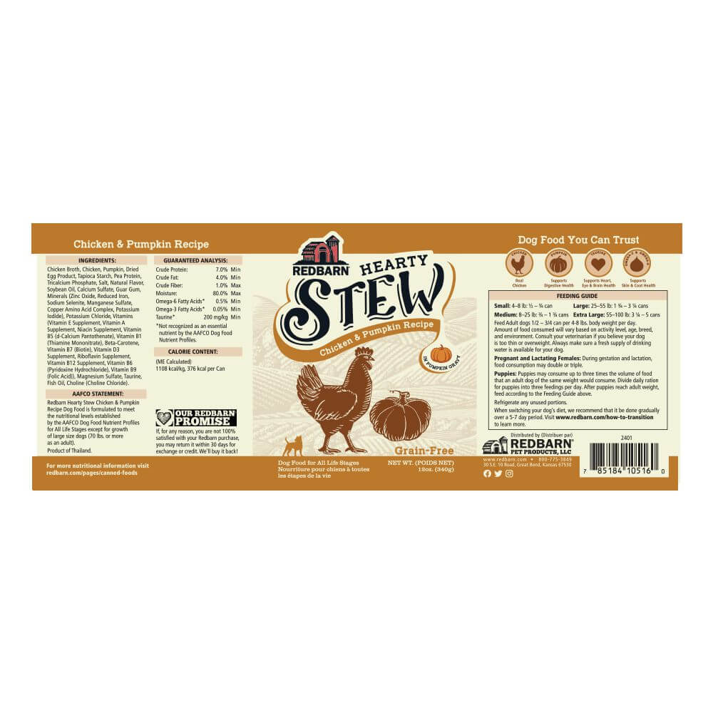 Redbarn Chicken & Pumpkin Hearty Stew - Ingredients, AAFCO Statement, Guaranteed Analysis, Calorie Content, and Feeding Guide