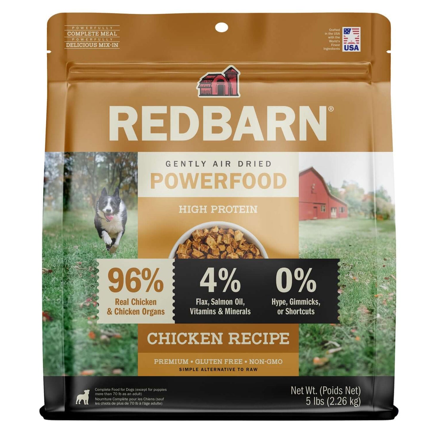 Redbarn powerfood high protein chicken recipe dog food package on a white background