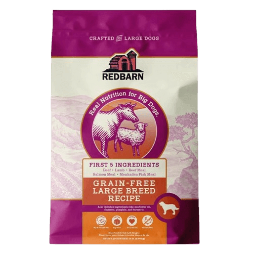 Redbarn grain-free large breed dog food package on a white background
