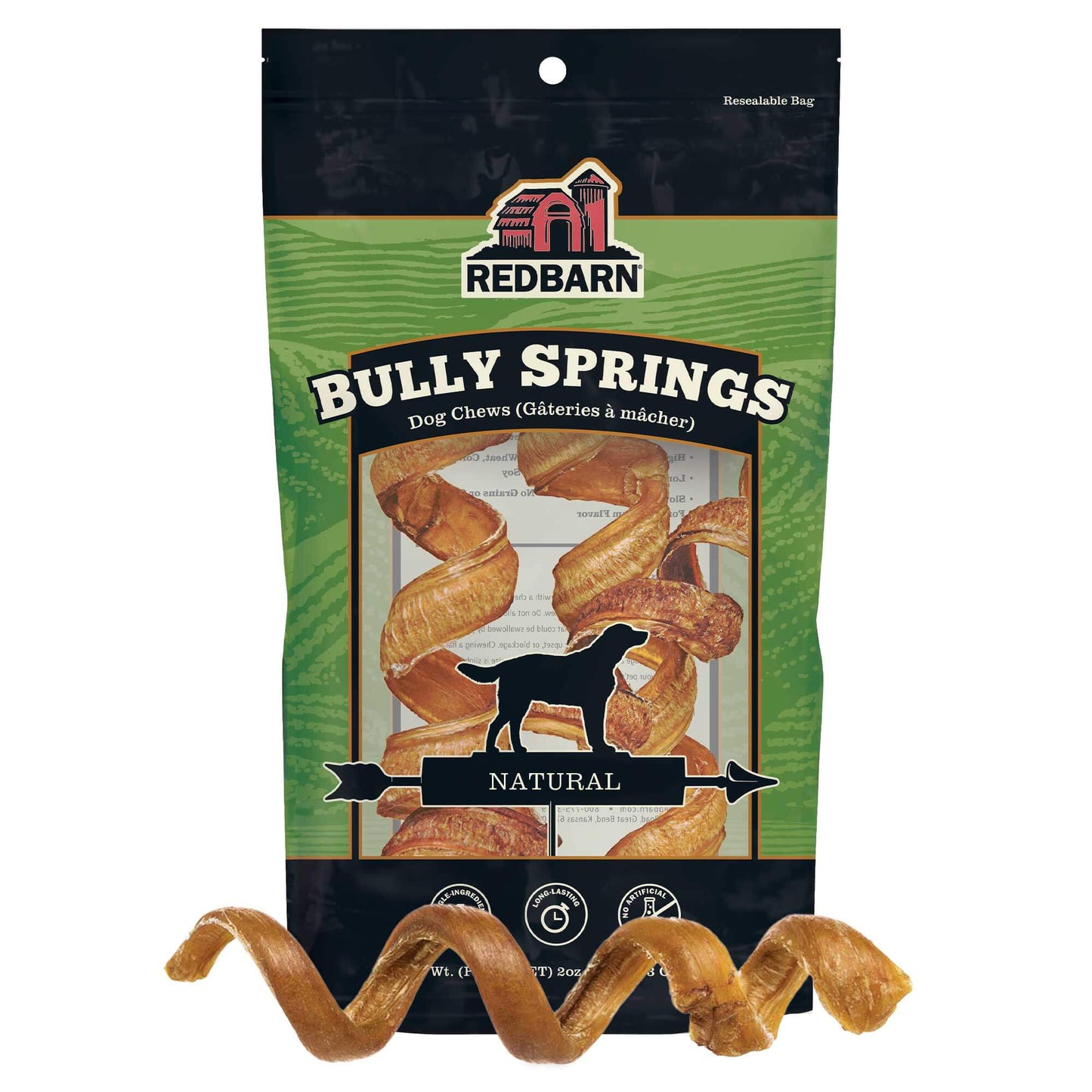 Redbarn Bully Springs dog chew packaging on a white background