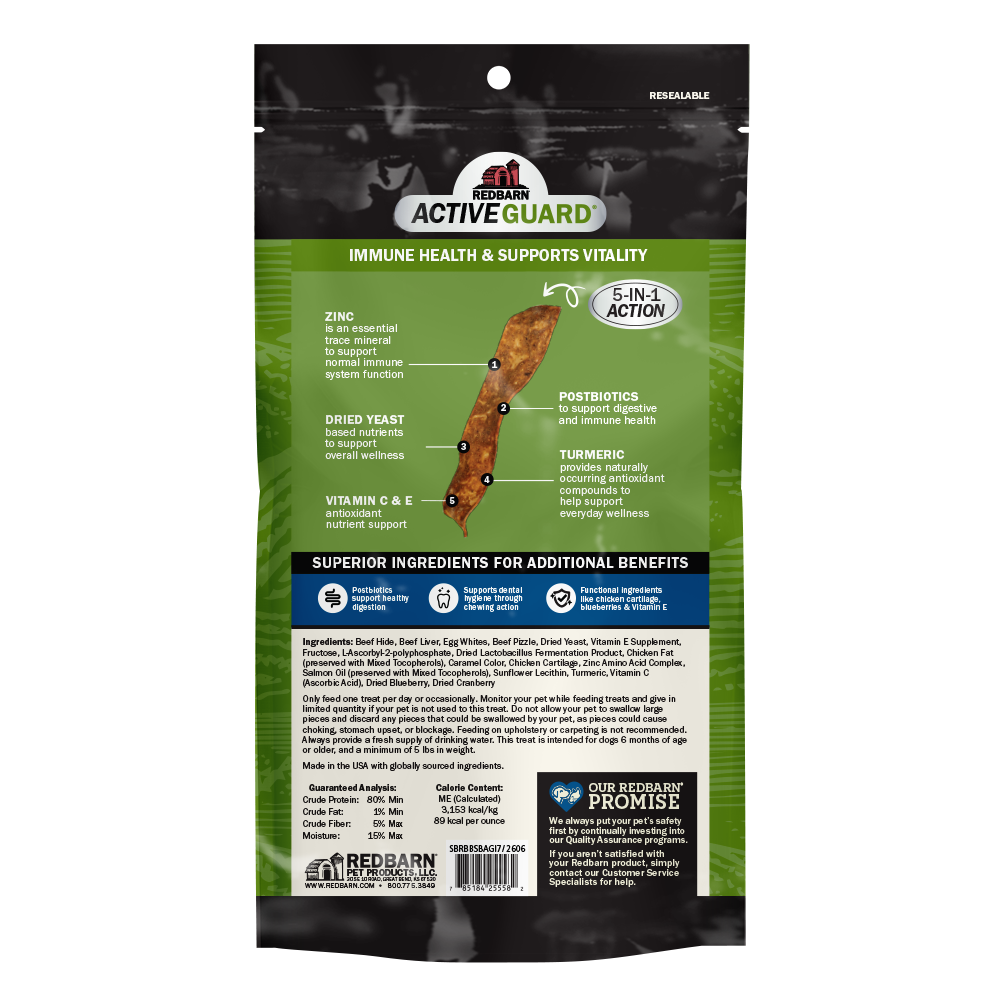 Red Barn Active Guard Immune Health & Supports Vitality dog supplement pouch, featuring a green and black design with product benefits and a central image of the beef liver treat.