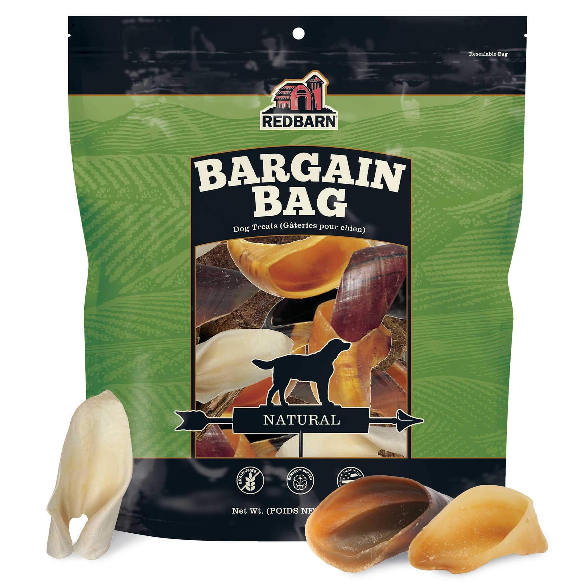 Redbarn Bargain Bag dog treats packaging with treats displayed in front
