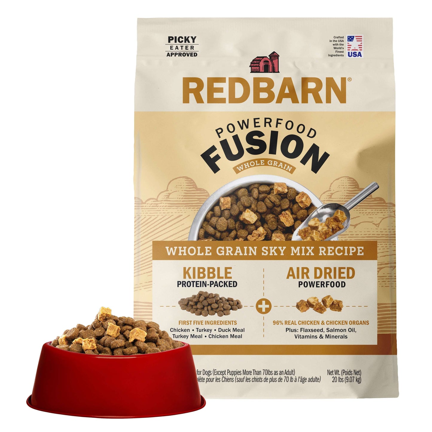 Redbarn Powerfood Fusion Whole Grain Sky dog food package with a bowl of kibble on a white background