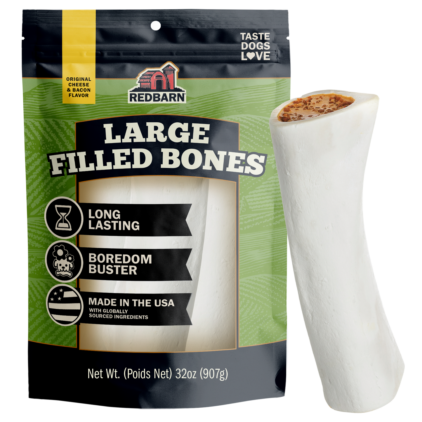 Redbarn packaging with filled bones. Has text stating Long lasting, boredom busting, and made in the USA