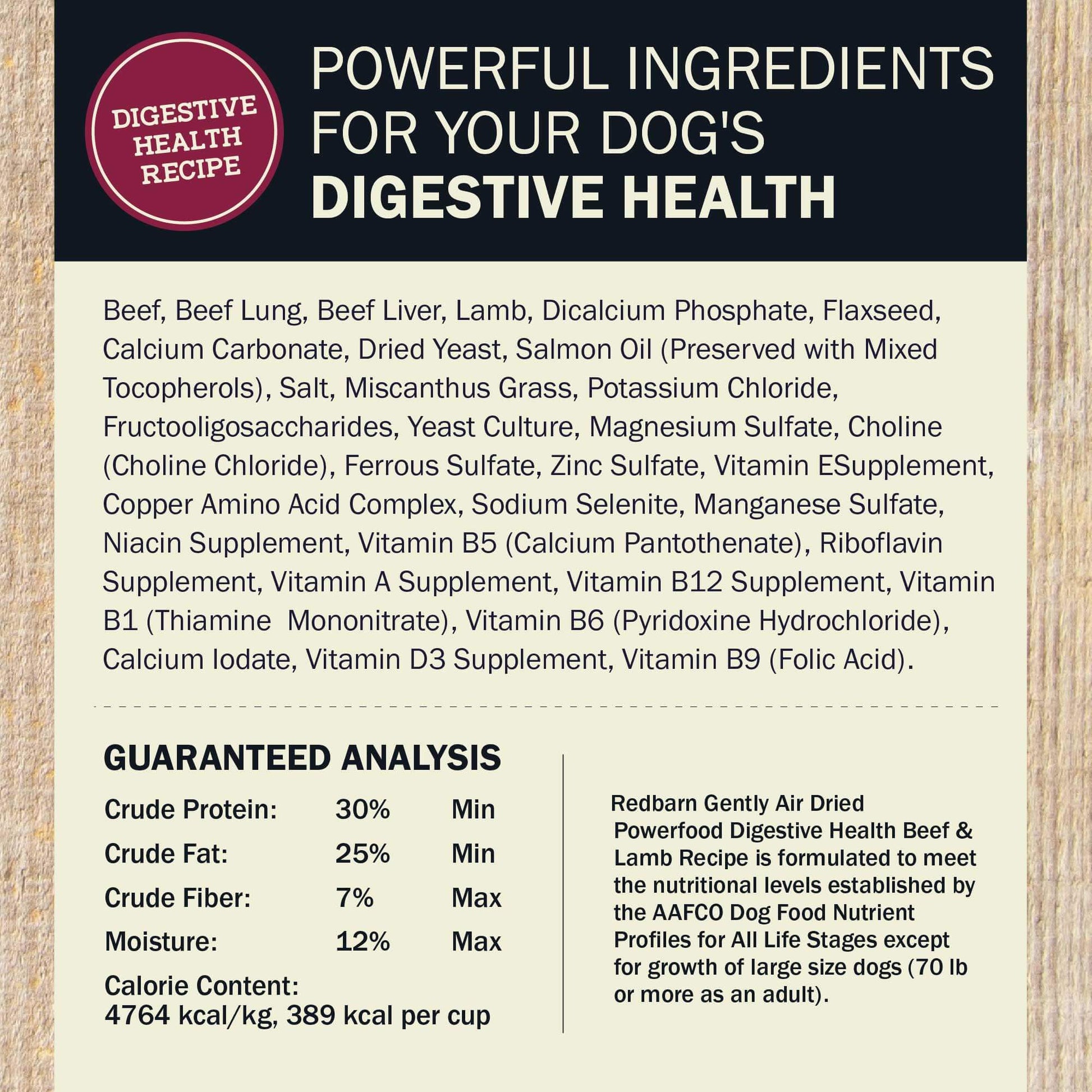 Ingredients Guaranteed Analysis for the Air Dried Powerfood Digestive Health Beef & Lamb Recipe