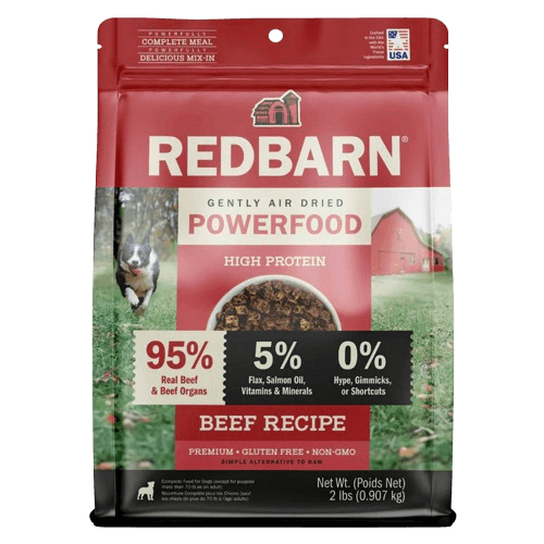 Redbarn Powerfood High Protein Beef Recipe dog food package on a white background