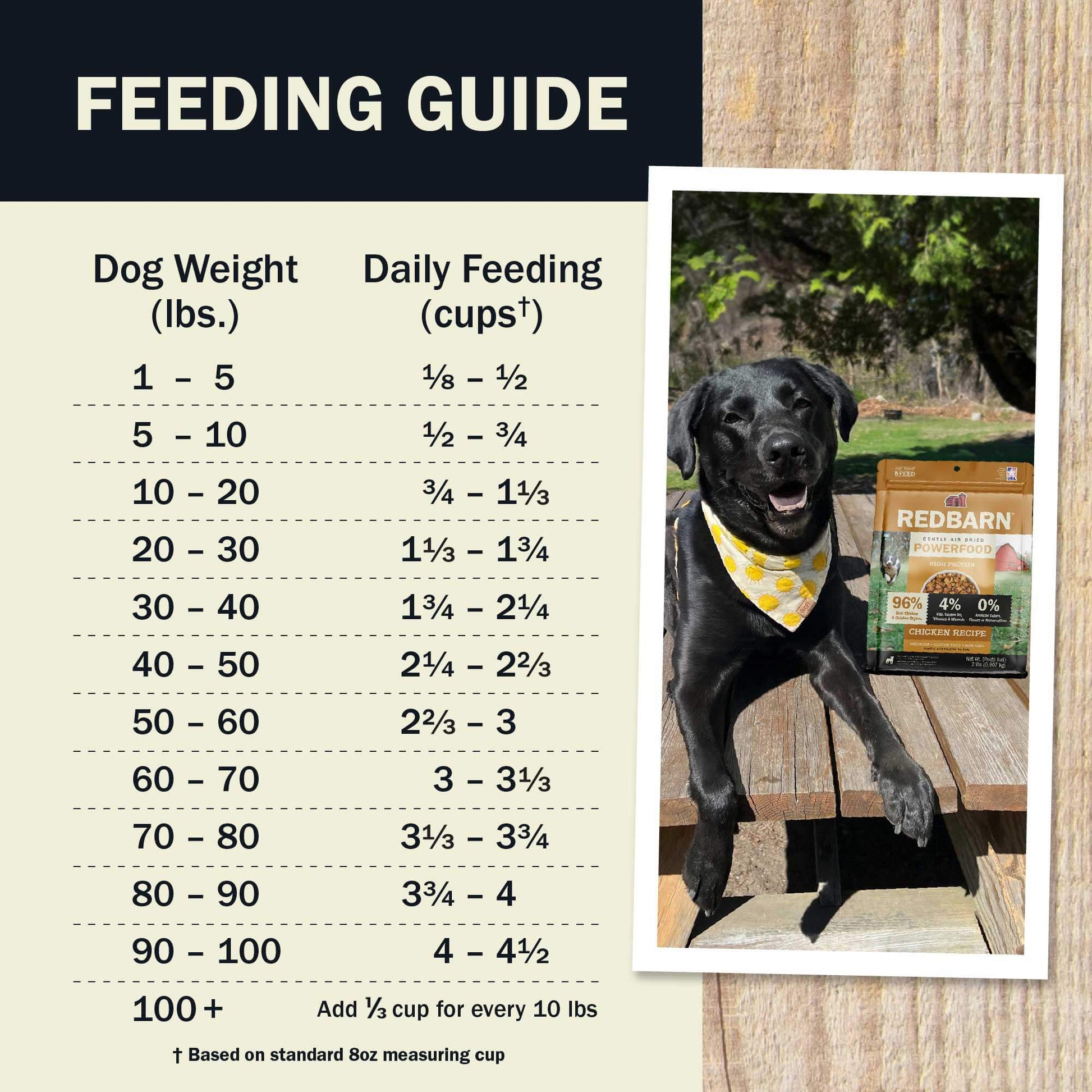 Feeding guide for dogs with a photo of a dog and a package on a wooden surface