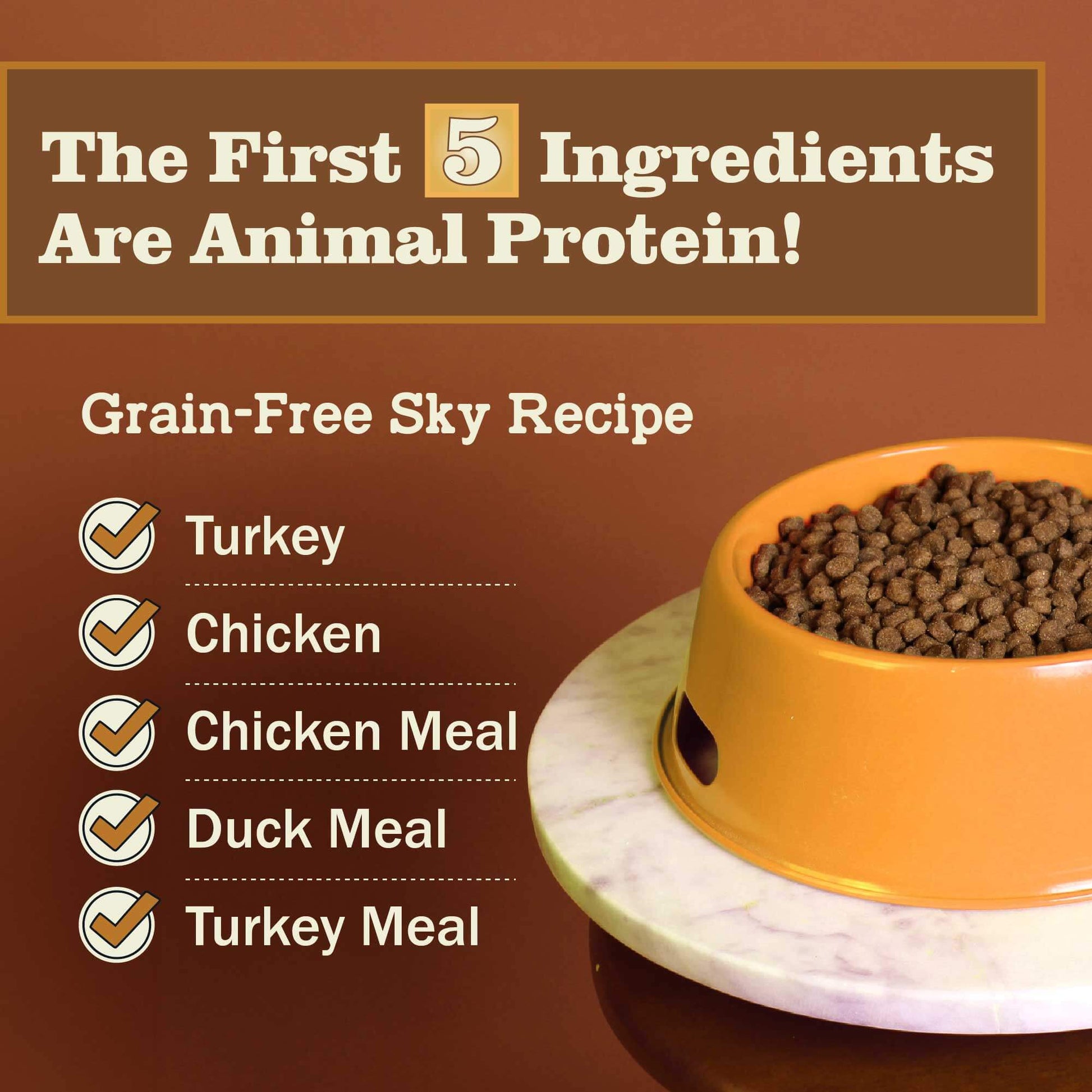 Redbarn Sky recipe with the first five ingredients having Turkey, Chicken, Duck Meal, Turkey Meal and Chicken Meal