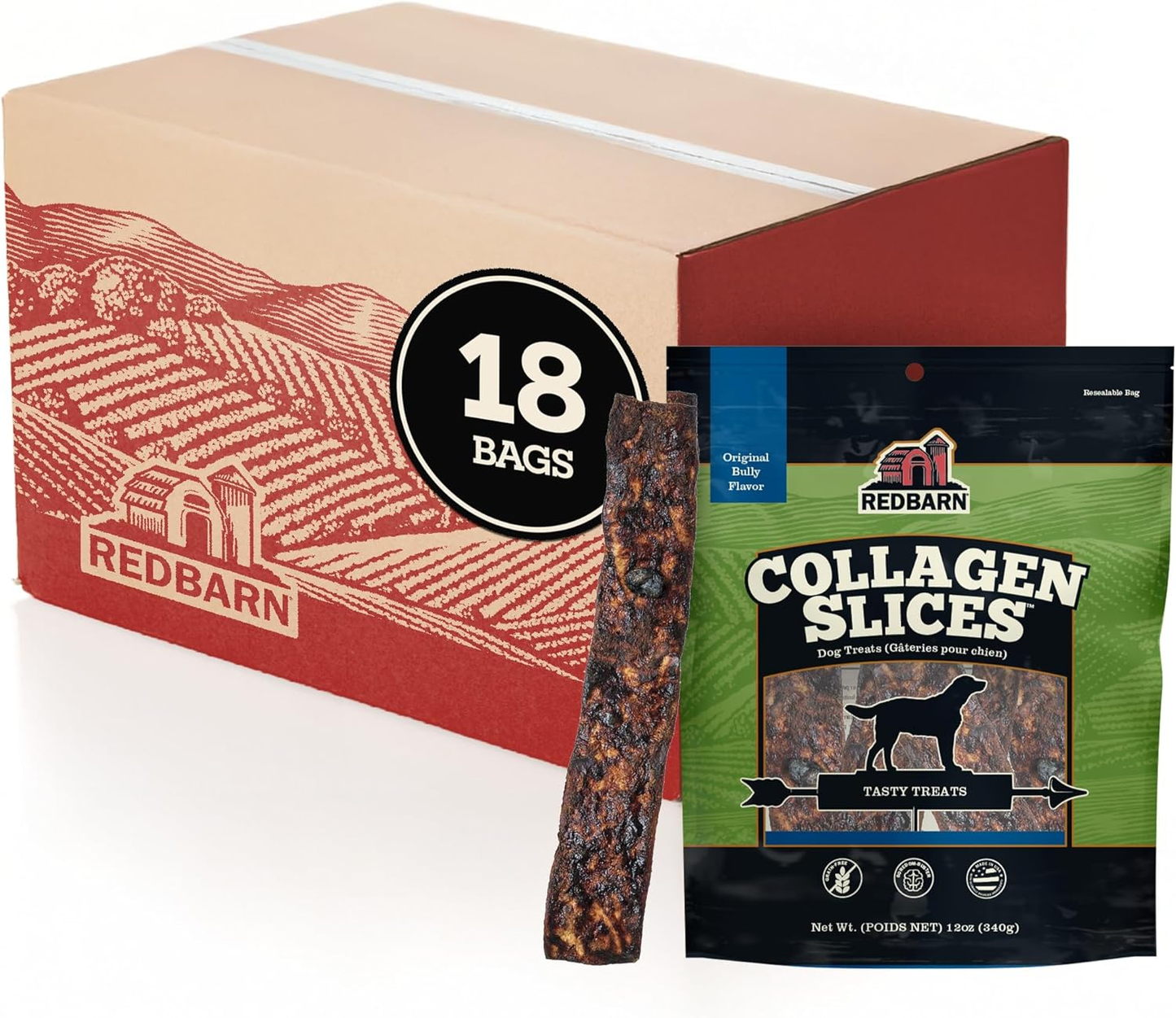Package of Redbarn Collagen Slices next to a Redbarn box that says 18 bags