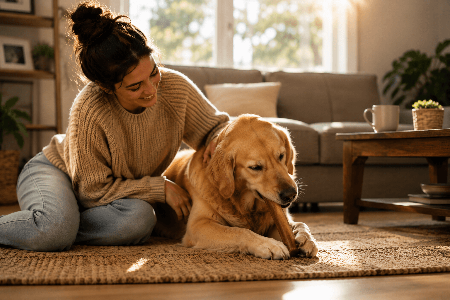 Woman sitting on the floor with a golden retriever in a cozy living room.