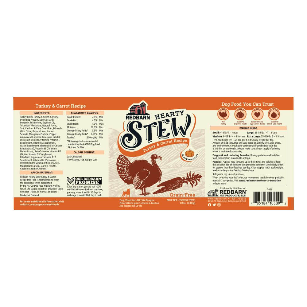  Redbarn Turkey & Carrot Hearty Stew - Ingredients, AAFCO Statement, Guaranteed Analysis, Calorie Content, and Feeding Guide