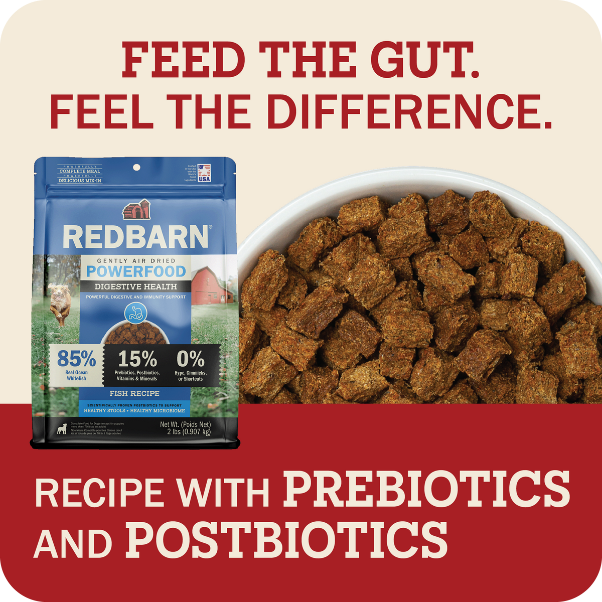 Red Barn Powerfood Digestive Health recipe with prebiotics and postbiotics dog food pouch shown next to a bowl of brown kibble cubes, with promotional text on a beige and red background.