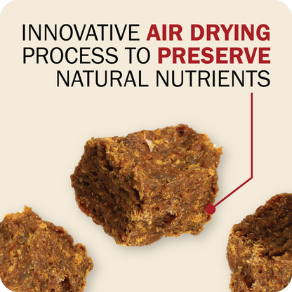 Text reading 'INNOVATIVE AIR DRYING PROCESS TO PRESERVE NATURAL NUTRIENTS' above several pieces of brown, textured dried pet food or supplement cubes on a light beige background.