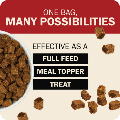 Promotional graphic for a pet treat product showing brown cube-shaped treats in a white bowl, scattered pieces, and text reading 'ONE BAG, MANY POSSIBILITIES' and 'EFFECTIVE AS A FULL FEED MEAL TOPPER TREAT'.
