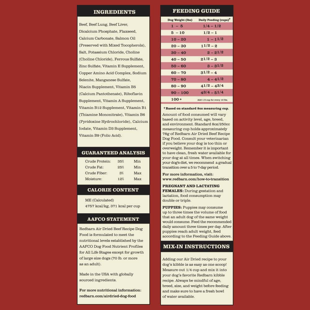 Redbarn Air Dried Dog Food Beef Recipe - Ingredients, Guaranteed Analysis, Calorie Content, AAFCO Statement, Feeding Guide and Mix-in Instructions