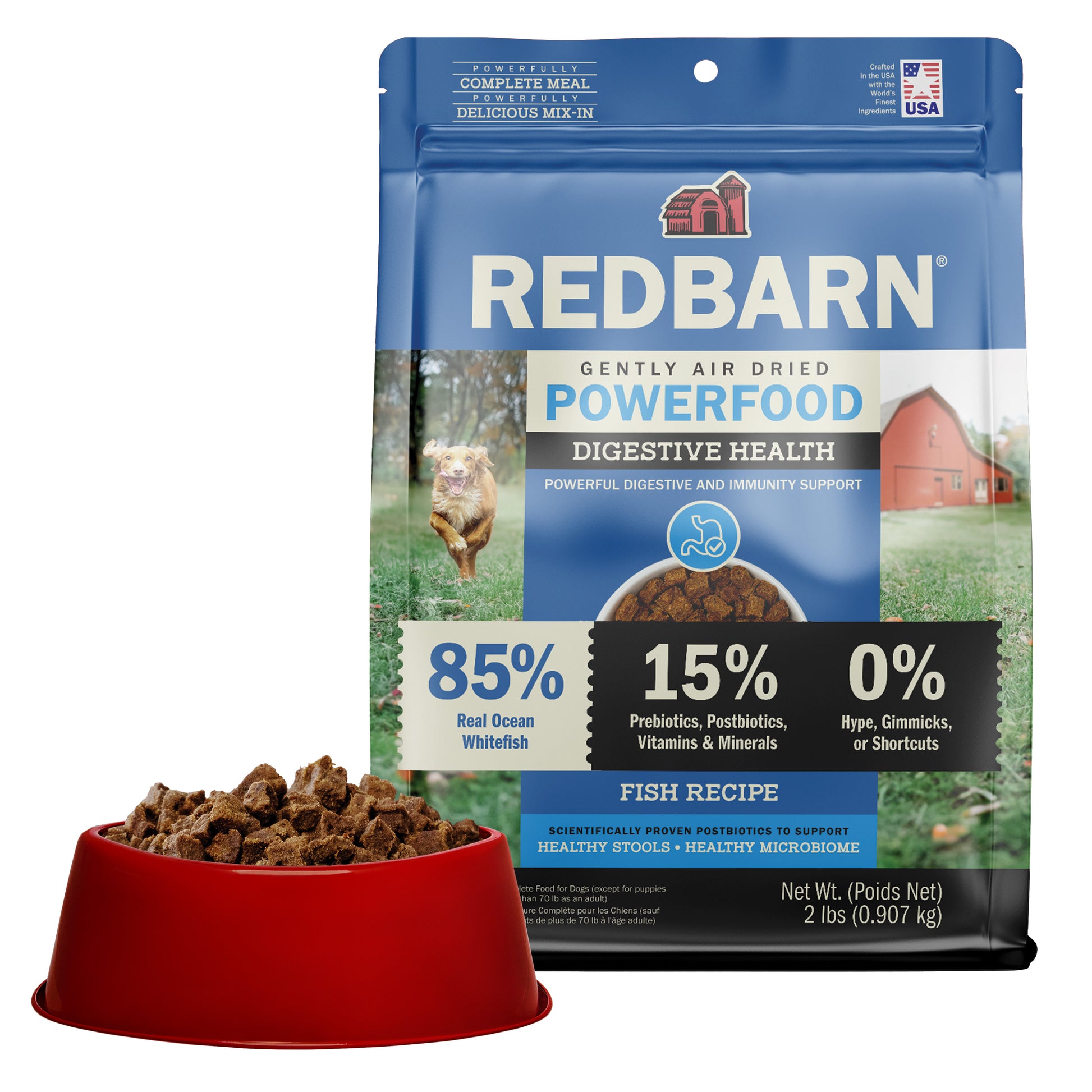 Best Fish Air Dried Dog Food. Redbarn Powerfood High Protein Fish Recipe dog food package with a bowl full of food in the background.
