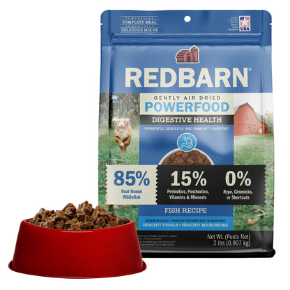 Best Fish Air Dried Dog Food. Redbarn Powerfood High Protein Fish Recipe dog food package with a bowl full of food in the background.