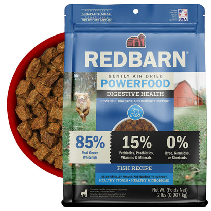 Best Fish Air Dried Dog Food. Redbarn Powerfood High Protein Fish Recipe dog food package with a bowl full of food in the background.