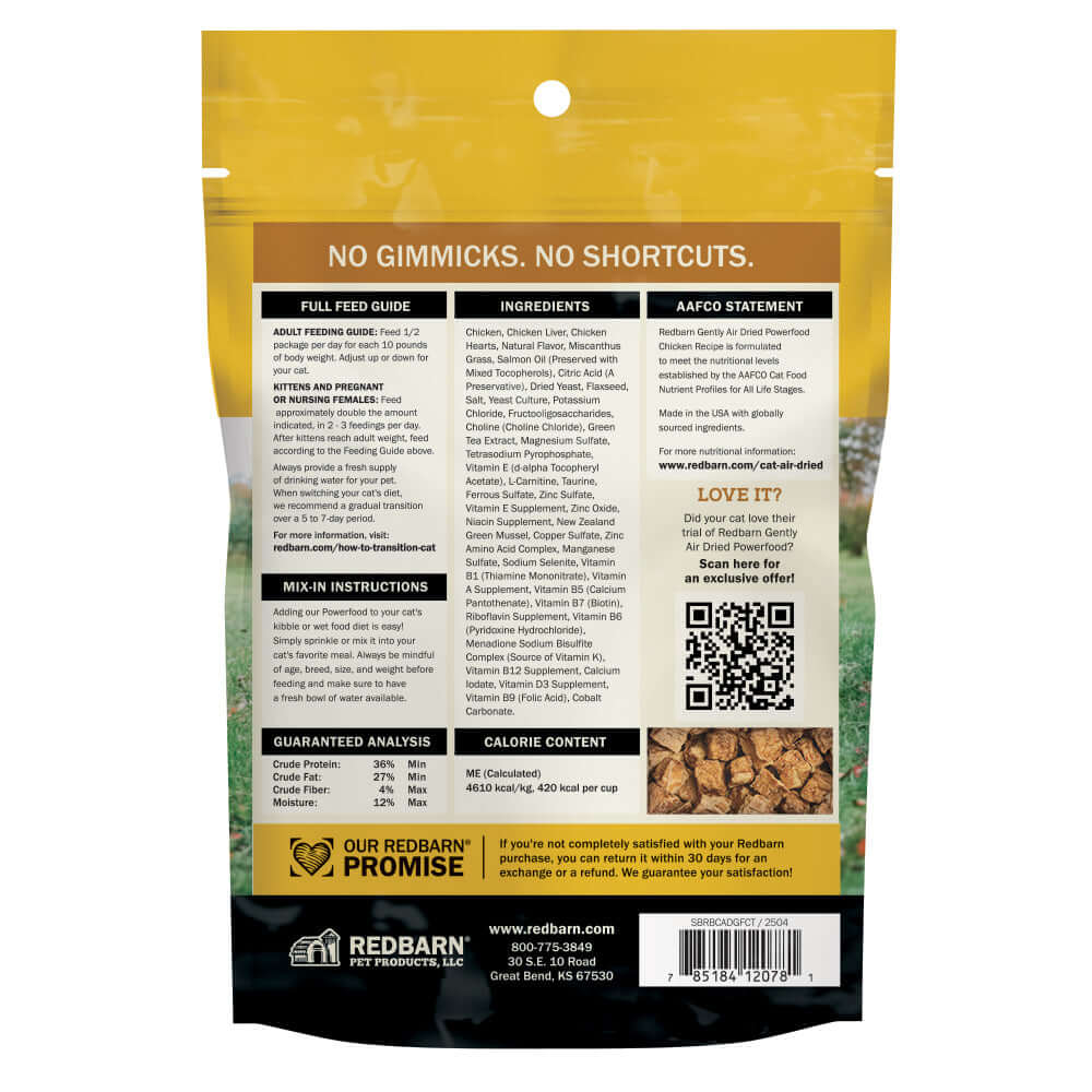 Back cover image of the Redbarn Cat Air Dried Powerfood Chicken Recipe - 2.5oz Bag