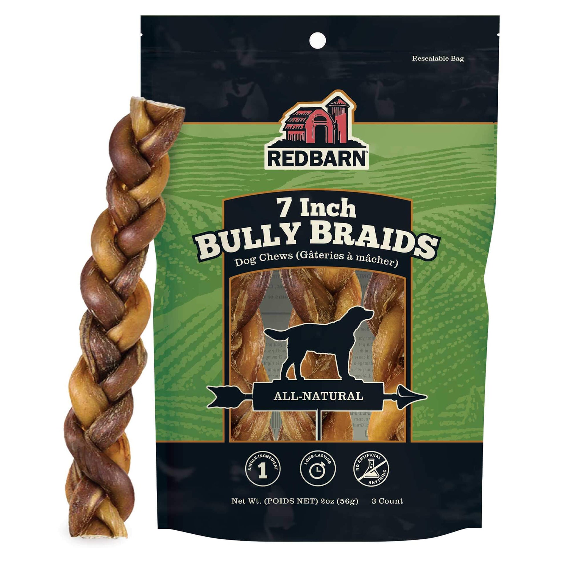 Redbarn 7 Inch Bully Braids dog chew with packaging on a white background