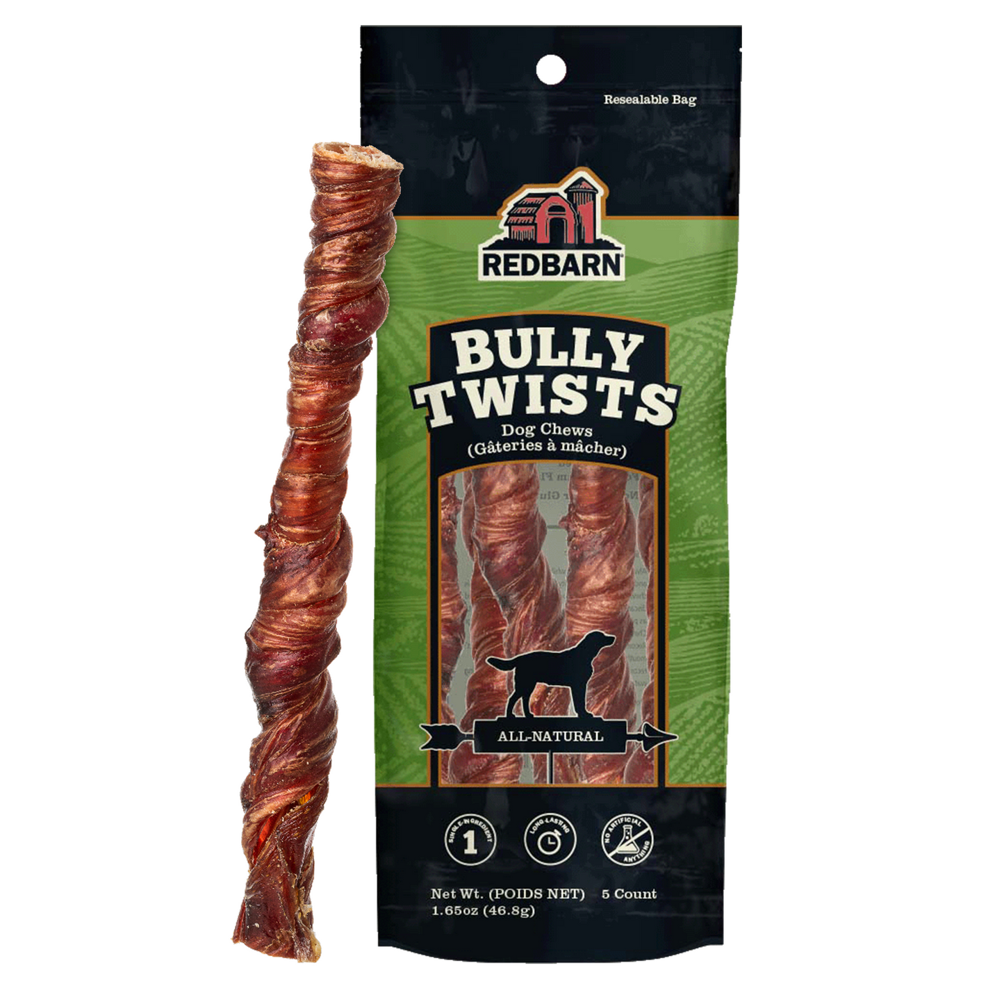 Redbarn Bully Twists dog chew with packaging on a white background