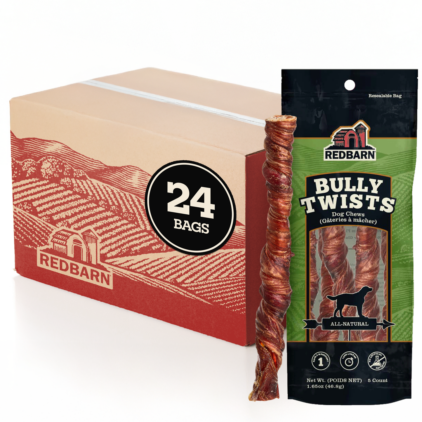 Redbarn Bully Twists dog chews packaging with a box of 24 bags