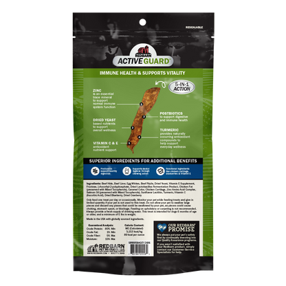 Red Barn Active Guard Immune Health & Supports Vitality dog supplement pouch, featuring a green and black design with product benefits and a central image of the beef liver treat.