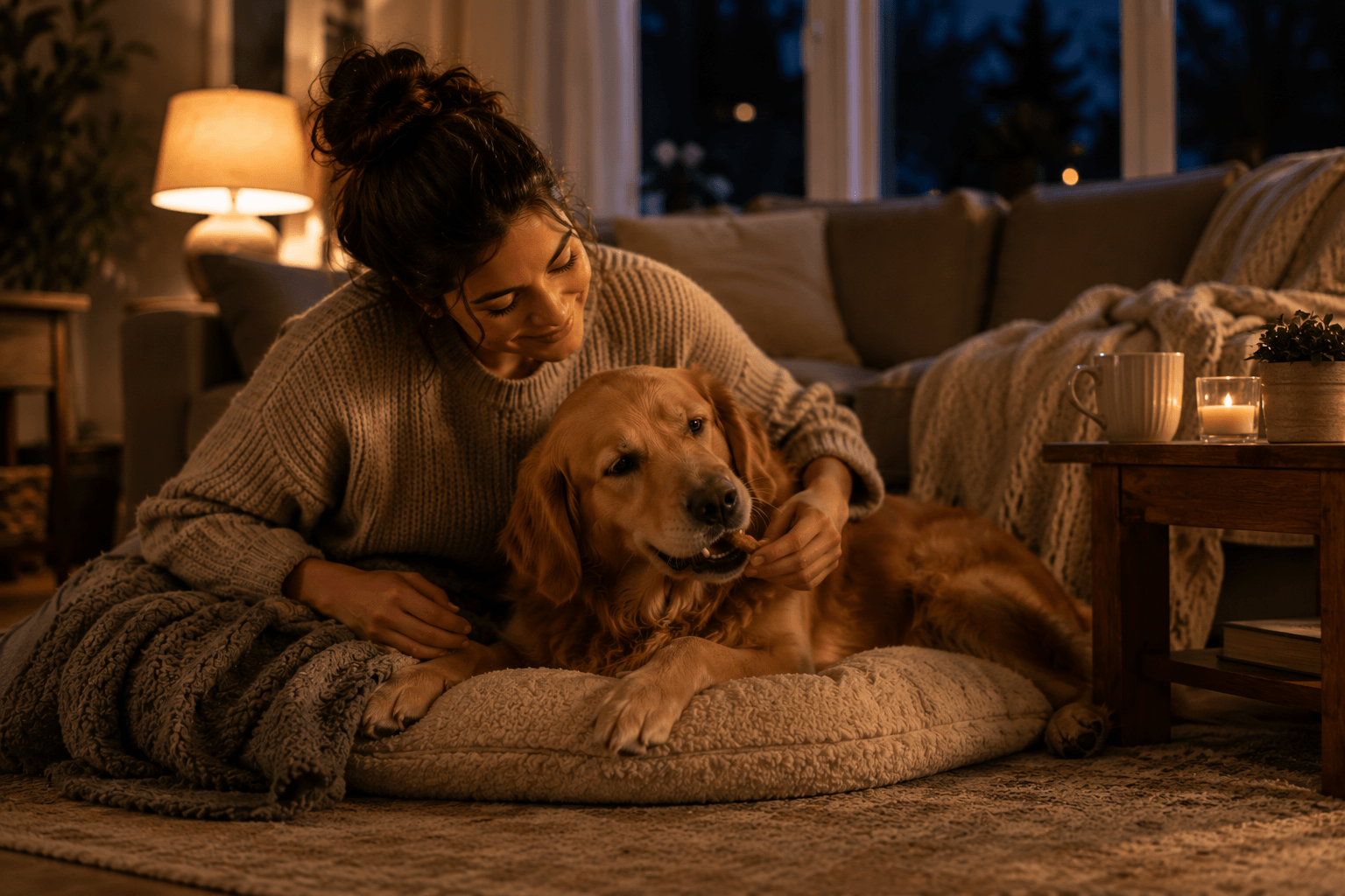 Woman sitting on the floor with a golden retriever on a pet bed in a cozy living room.