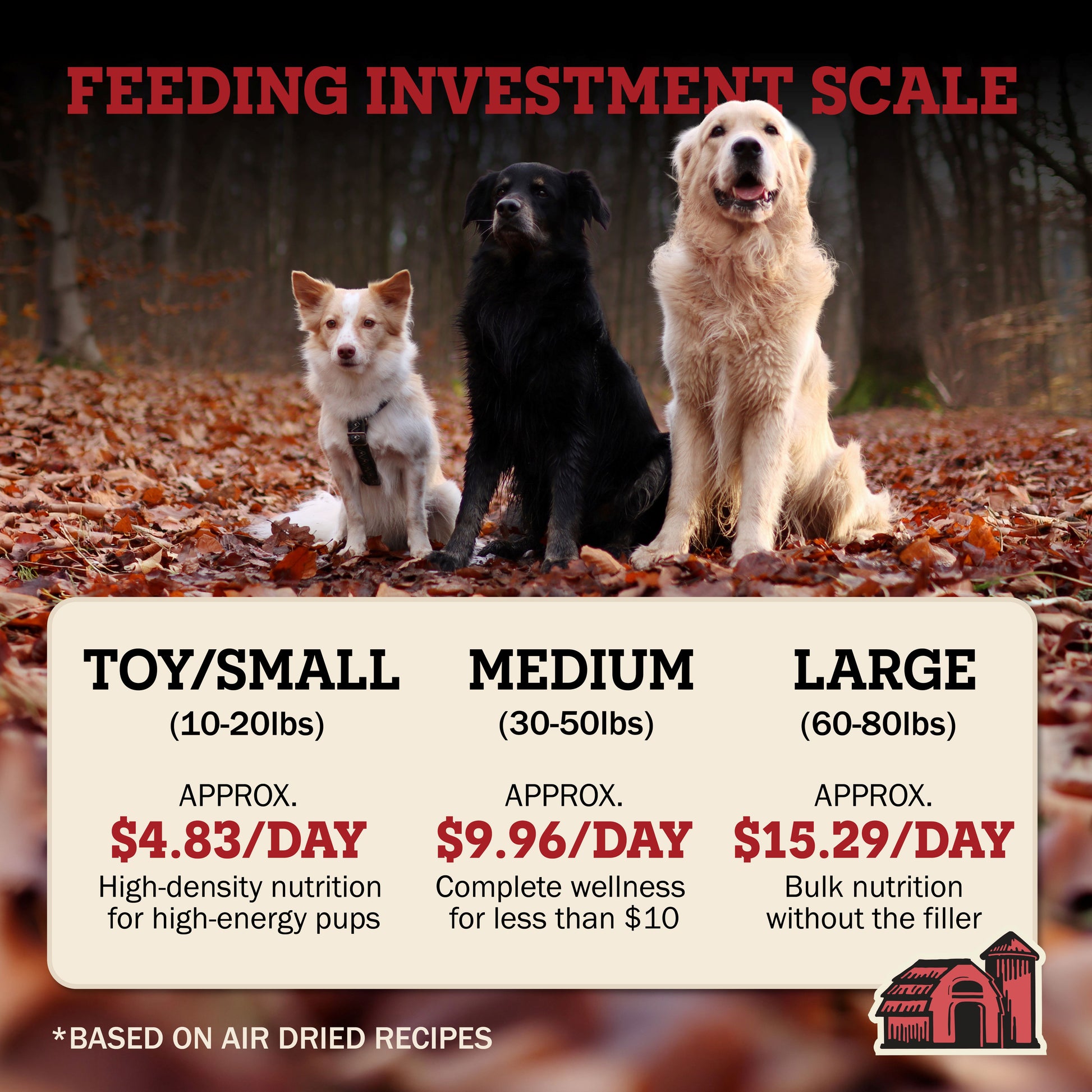 Dog food pricing chart comparing Redbarn Air Dried recipe per day costs, comparing it with common daily items for small, medium and large dog size.