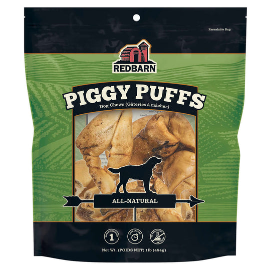 Redbarn Piggy Puffs dog chews packaging on a white background
