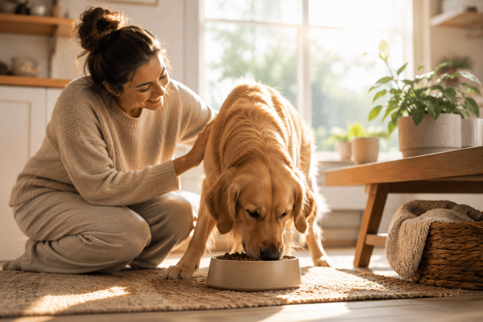 Woman sitting on the floor with a dog eating from a bowl in a bright room.