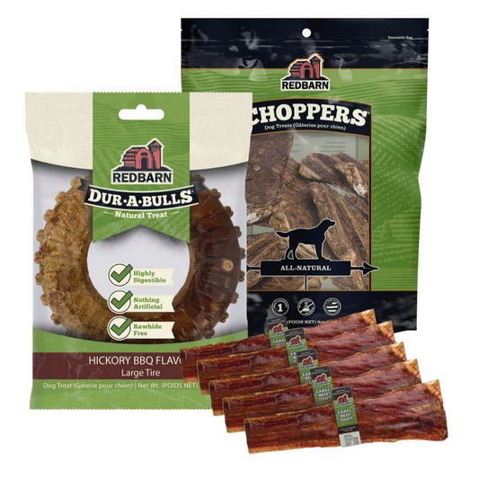 Redbarn Dur-A-Bulls and Choppers dog treat packages on a white background