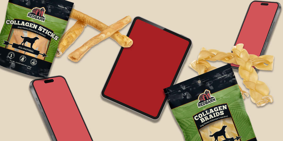A styled flat-lay of pet products on a beige background: two bags of Redbarn dog treats, collagen sticks, and two smartphone mockups with red screens. No people or real environment are present