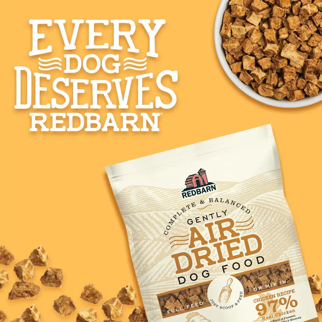 "Every Dog Deserved Red Barn" on a yellow background with a bag, scattering, and bowl of Air Dried Food in Chicken Recipe