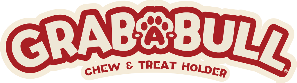 A close-up of the GrabBull Chew & Treat Holder logo, featuring bold red lettering with a paw print incorporated into the letter 'A', on a cream background with a thin red outline.