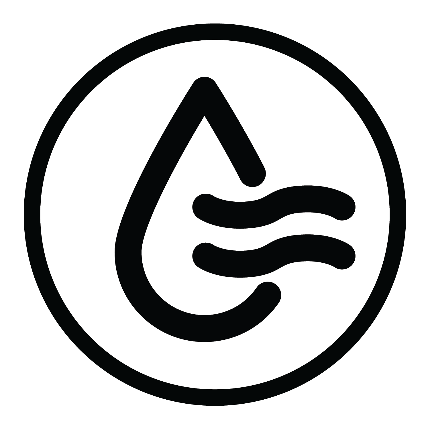 A black circular icon with a stylized water droplet and wavy lines, centered on a plain white background.