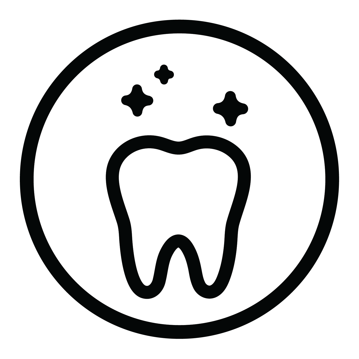 A black and white line icon of a tooth inside a circle with three small sparkles above it, used as a dental or oral health symbol.