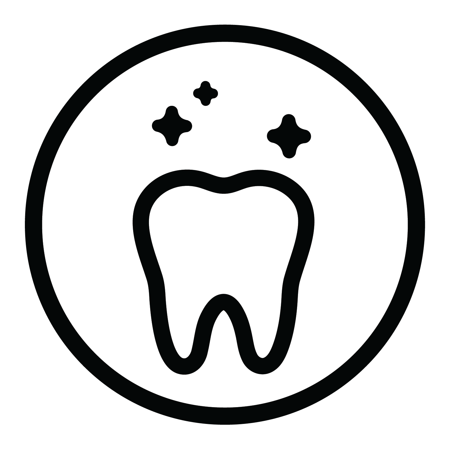 A black and white icon of a tooth with sparkling stars inside a circular border, representing dental health or a clean tooth.