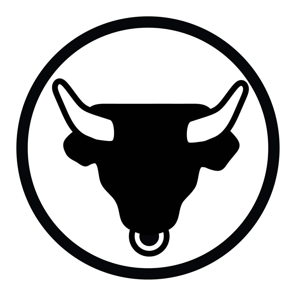 A minimalist black bull head silhouette with curved horns inside a thin circular border on a white background.
