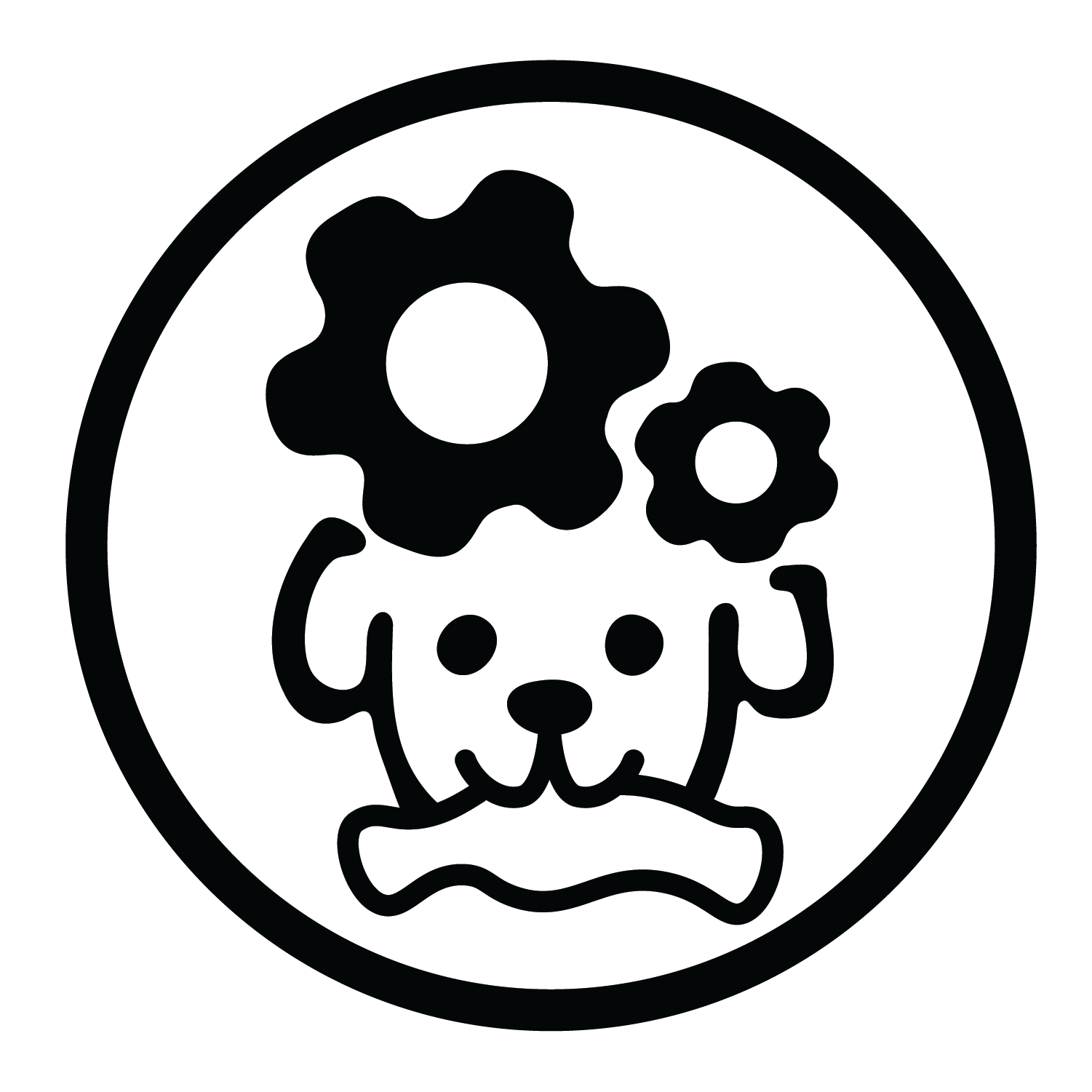 A minimalist black line icon of a dog head with two flower-like shapes above it, enclosed in a circular border on a white background.