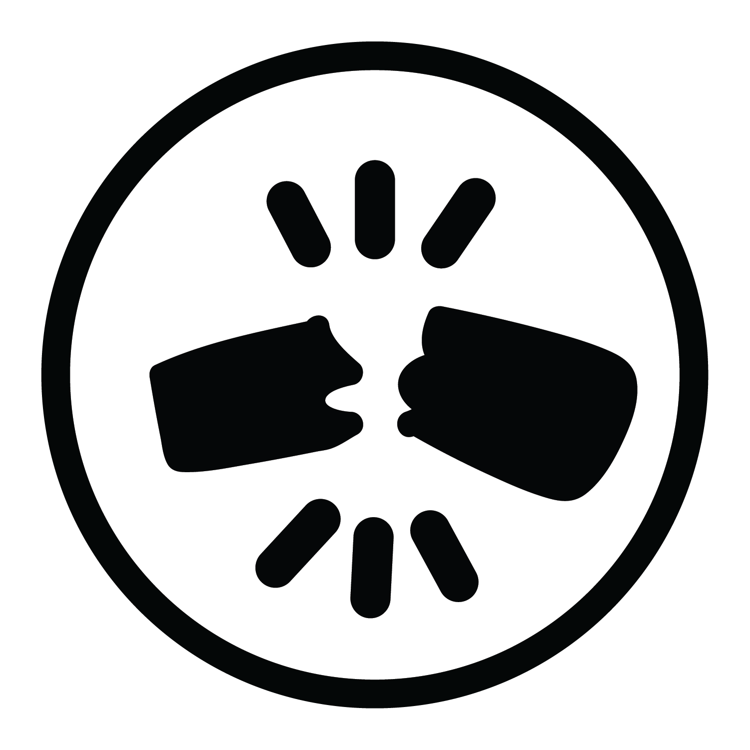 A black circular icon featuring two boxing gloves facing each other with radiating lines, shown on a plain white background.