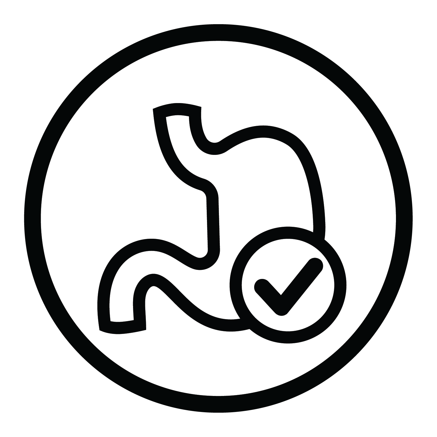 A black line icon of a stylized stomach with a checkmark inside a circle, centered on a white background.