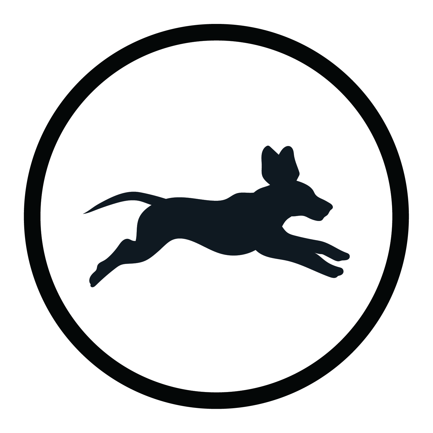 A black silhouette of a leaping dog inside a black circular border on a white background.