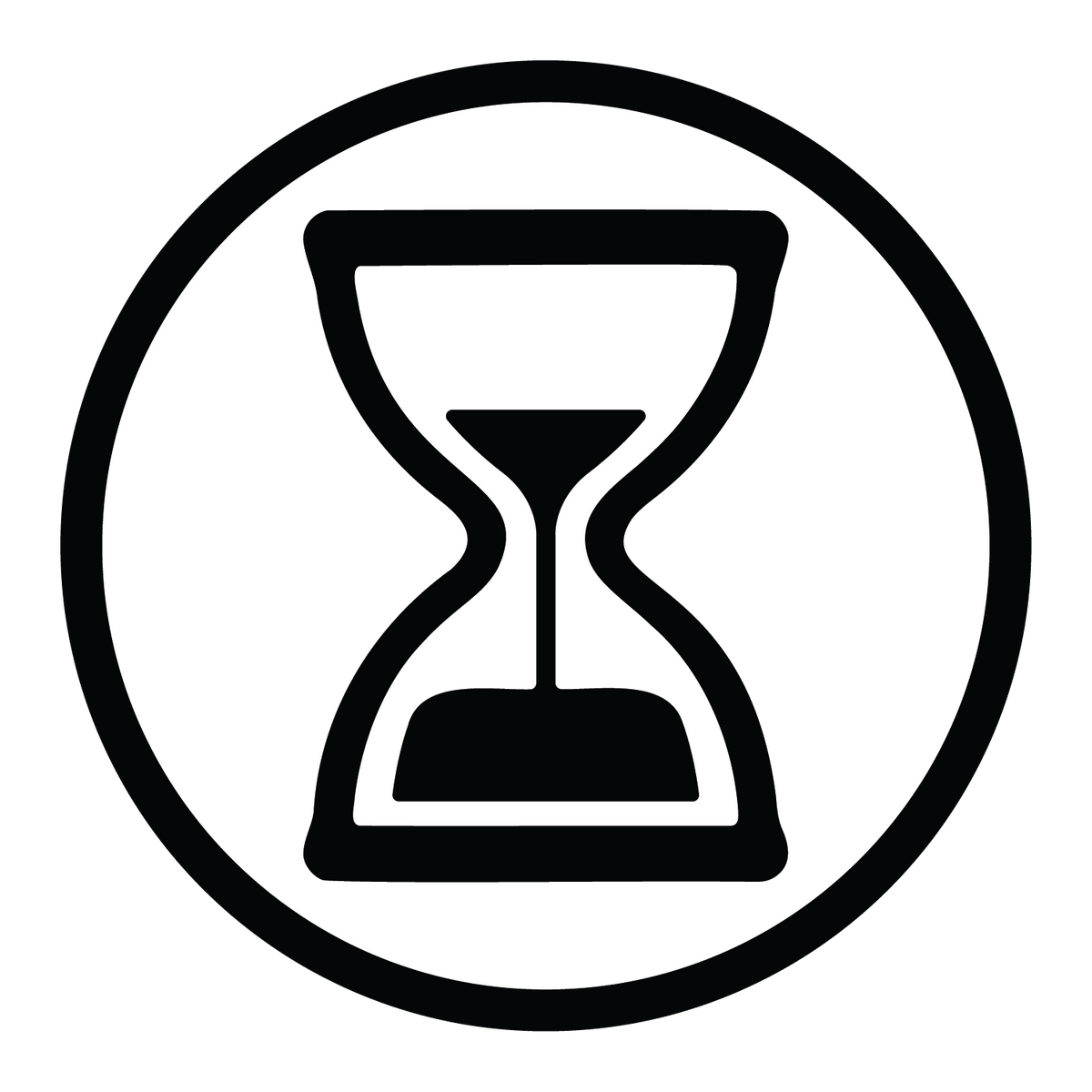 A minimalist black icon of an hourglass inside a circular border on a white background.