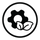 A minimalist black icon featuring a gear and two leaves inside a circular border on a white background.