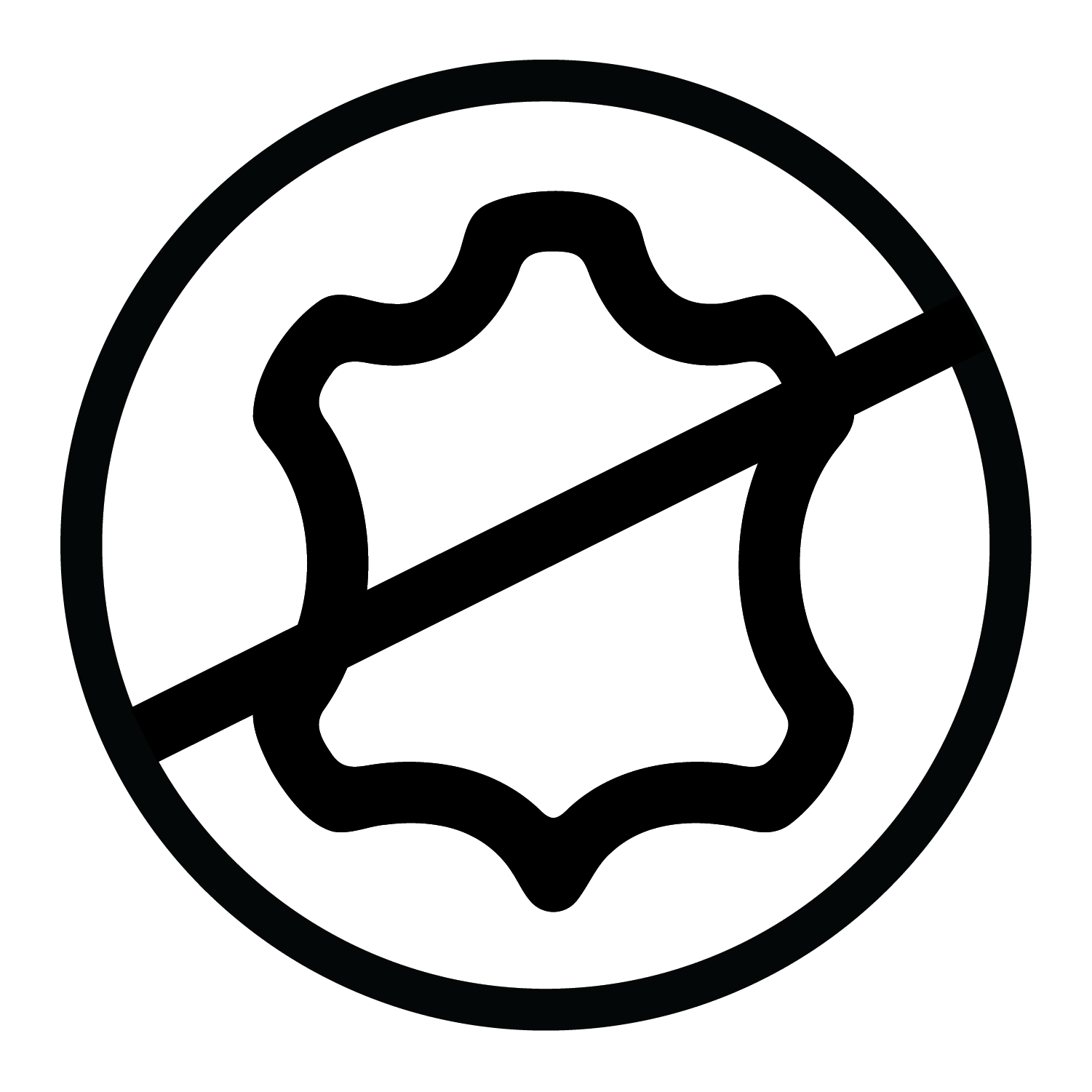 A black circular icon with a leather-like shield shape crossed out by a diagonal slash, indicating no leather or faux-leather material available.