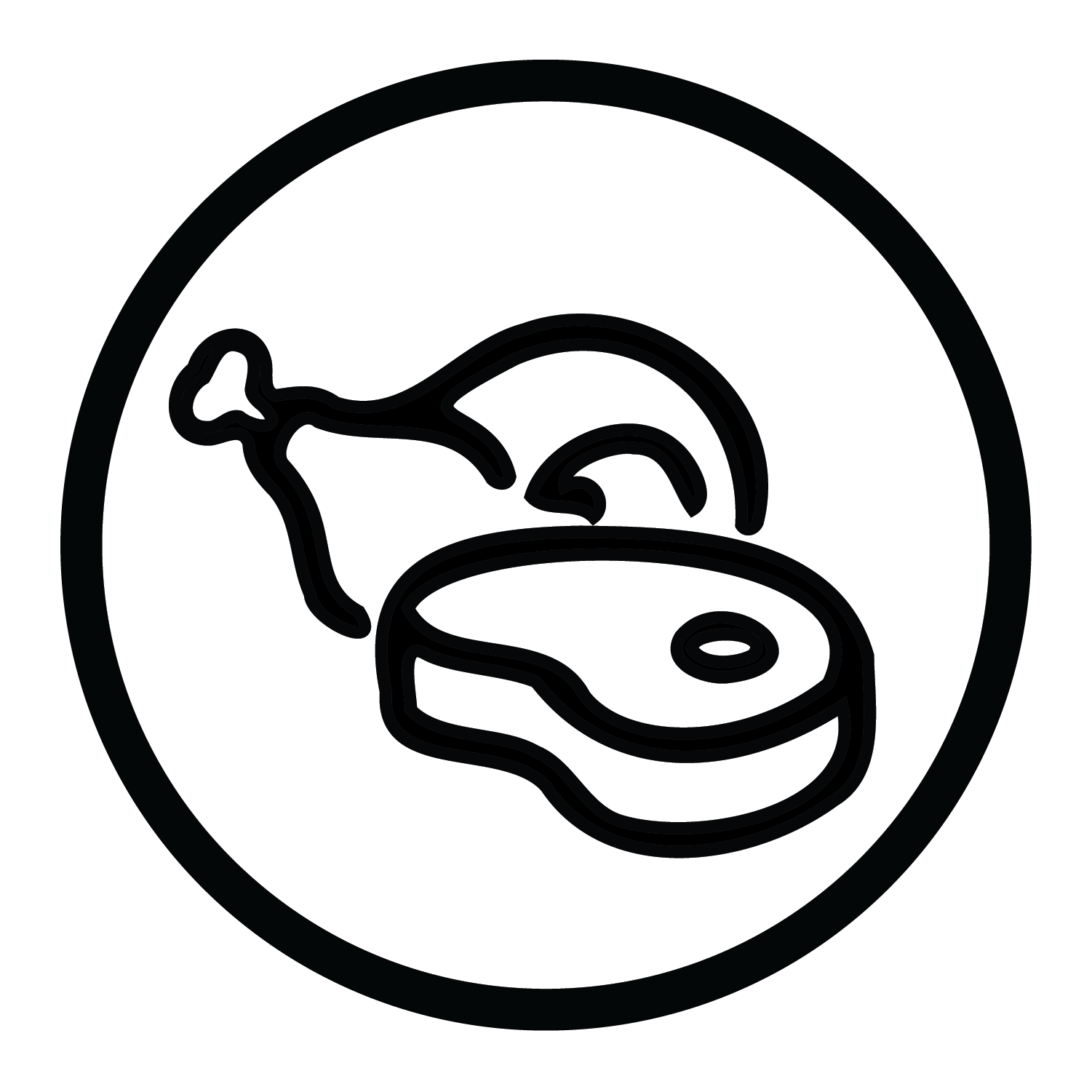 Black line art icon depicting a raw chicken leg and a steak inside a circular border, on a solid white background.