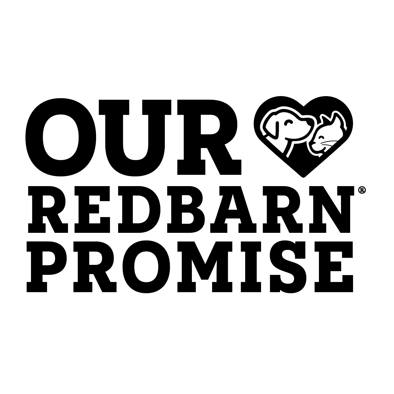 Black text reading 'OUR REDBARN PROMISE' with a heart-shaped outline containing the outlines of a dog and cat, on a plain white background.