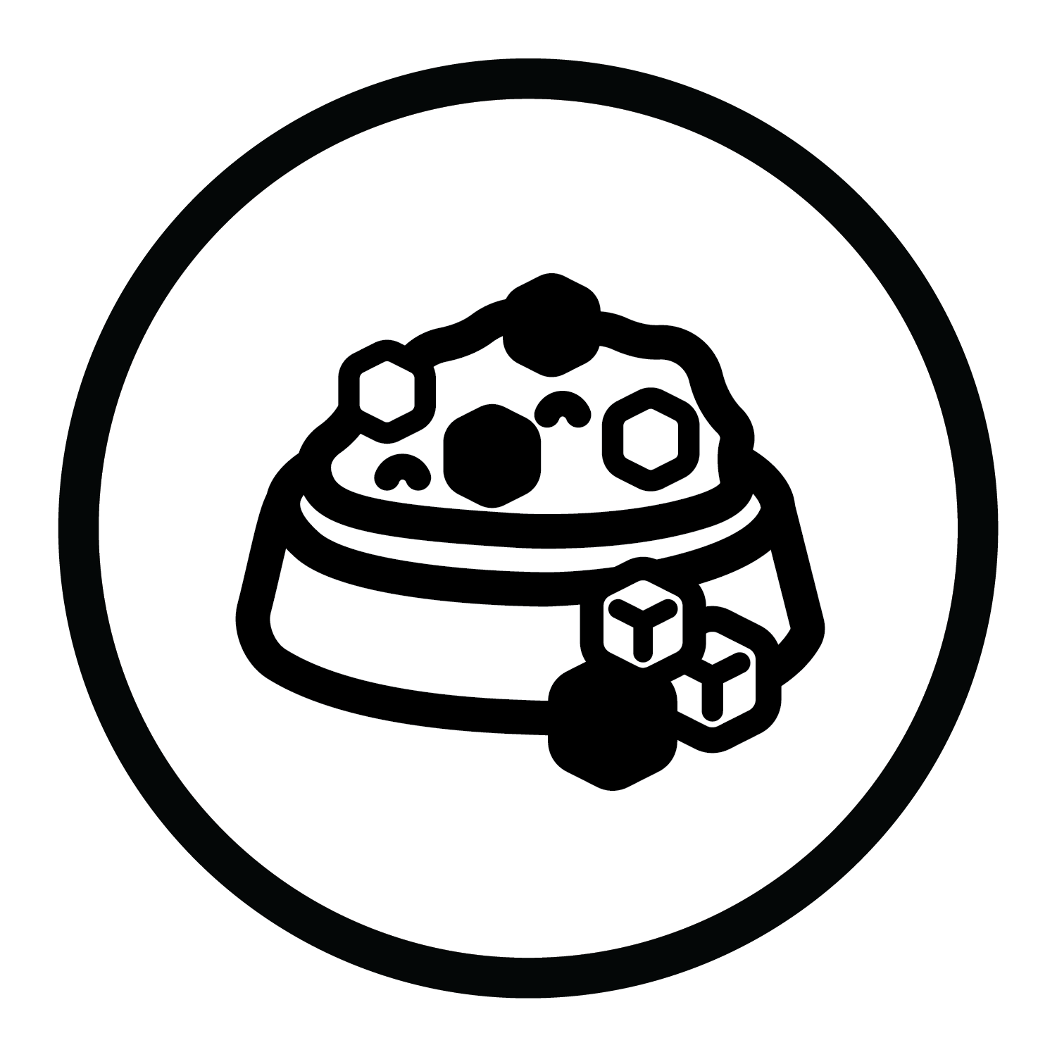 A black and white vector icon of a pet food bowl filled with kibble, enclosed in a circular border on a white background.