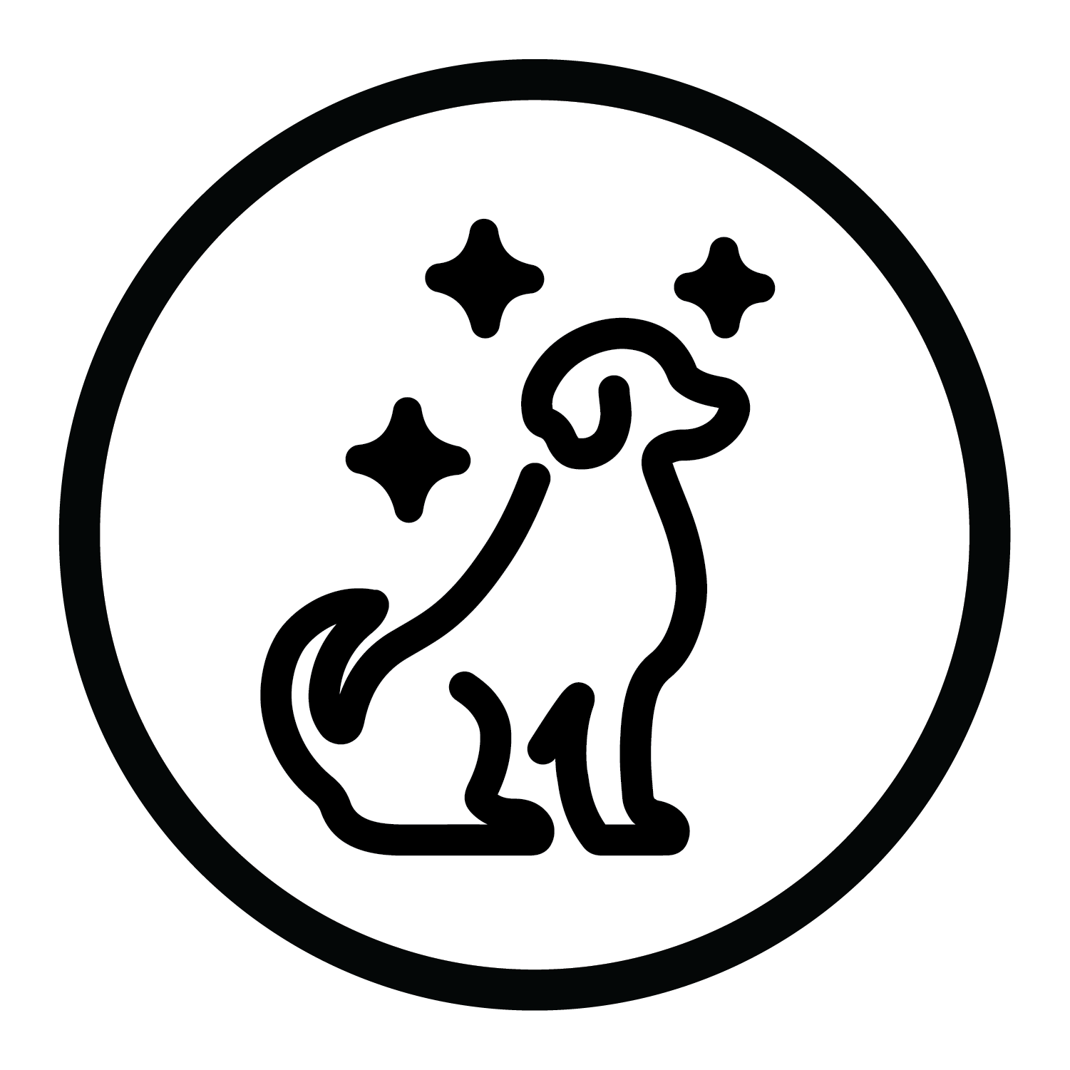 A black line art icon of a sitting dog with three sparkles inside a black circle on a white background.